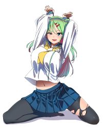 Rule 34 | 1girl, absurdres, blue eyes, breasts, green hair, highres, large breasts, long hair, long sleeves, looking at viewer, midriff peek, navel, open mouth, original, pantyhose, shinomu (cinomoon), simple background, skirt, solo, teeth, tongue, torn clothes, torn pantyhose, white background