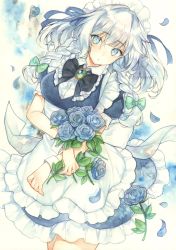 Rule 34 | 1girl, apron, back bow, black bow, black bowtie, blouse, blue dress, blue eyes, blue flower, blue rose, blush, bouquet, bow, bowtie, breasts, brooch, buttons, commentary request, dress, eyelashes, falling petals, flower, frilled apron, frills, hair ribbon, highres, holding, holding bouquet, izayoi sakuya, jewelry, looking at viewer, maid, maid headdress, medium breasts, medium hair, mugicha (mugicha0929), painting (medium), petals, puffy short sleeves, puffy sleeves, ribbon, rose, rose petals, shirt, short sleeves, sidelocks, solo, touhou, traditional media, tress ribbon, waist apron, watercolor (medium), white apron, white background, white hair, white shirt, wrist cuffs