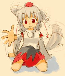 Rule 34 | 1girl, :3, animal ears, bare shoulders, barefoot, blush, breasts, detached sleeves, hat, inubashiri momiji, looking at viewer, pom pom (clothes), reaching, reaching towards viewer, red eyes, shirt, short hair, silver hair, simple background, sitting, skirt, smile, solo, tail, tail wagging, tokin hat, touhou, wolf ears, wolf tail
