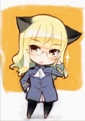 Rule 34 | 1girl, adjusting eyewear, animal ears, blonde hair, brown eyes, cat ears, chibi, glasses, glint, hand on own hip, long hair, open mouth, pantyhose, perrine h. clostermann, sakura akami, solo, strike witches, traditional media, world witches series