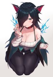 Rule 34 | 1girl, ahoge, animal ears, bandaged fingers, bandages, bare shoulders, black hair, black pantyhose, blue eyes, blush, breasts, cleavage, collar, dragon ears, food, gradient background, hair over one eye, highres, large breasts, long hair, long sleeves, looking at viewer, mouth hold, ngtr kaina, pantyhose, pocky, puzzle &amp; dragons, red collar, ribbed sweater, roche (p&amp;d), simple background, sitting, solo, sweat, sweater, thighband pantyhose, thighs, wings