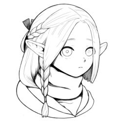 Rule 34 | 1girl, asymmetrical hair, braid, closed mouth, cropped shoulders, dungeon meshi, elf, elftoissho, frown, hair around ear, half updo, long hair, looking ahead, marcille donato, monochrome, official alternate hair length, official alternate hairstyle, parted bangs, pointy ears, scarf, side braid, simple background, solo