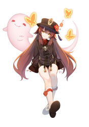 Rule 34 | 1girl, absurdres, boo tao (genshin impact), brown hair, bug, butterfly, character name, chinese clothes, flower, flower-shaped pupils, full body, genshin impact, hair flaps, hat, hat flower, head tilt, highres, hu tao (genshin impact), insect, invisible chair, long hair, long sleeves, nana mikoto, orange hair, plum blossoms, porkpie hat, shorts, sitting, sleeves past wrists, smile, socks, solo, symbol-shaped pupils, tassel, very long hair, white background