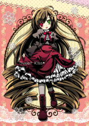 Rule 34 | 1girl, alternate costume, black shirt, boots, bow, bowtie, brown hair, commentary request, cross-laced footwear, drill hair, floral print, frilled shirt collar, frills, full body, green eyes, heterochromia, juliet sleeves, lace-up boots, long hair, long sleeves, looking at viewer, medium bangs, morinaga hinase, open mouth, orange background, petticoat, puffy sleeves, red bow, red bowtie, red eyes, red footwear, red skirt, rozen maiden, shirt, skirt, smile, solo, standing, standing on one leg, suiseiseki, twin drills, very long hair