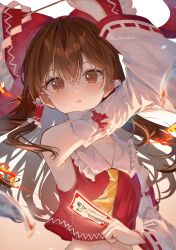 Rule 34 | 1girl, bare shoulders, blush, brown eyes, brown hair, commentary request, detached sleeves, fire, frilled ribbon, frills, gohei, hair ribbon, hakurei reimu, highres, holding, holding gohei, long hair, looking at viewer, luna (luna610), midriff, nontraditional miko, open mouth, red ribbon, red shirt, ribbon, shirt, solo, talisman, touhou, white background, wide sleeves