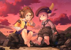 Rule 34 | 2girls, barefoot, beret, boots, bow, brown hair, evening, feet, final fantasy, final fantasy xiv, hair bow, hat, hat feather, highres, krile mayer baldesion (ff14), lalafell, looking at viewer, multiple girls, pointy ears, ponytail, sitting, smile, tataru taru, tenescross, toes, unworn boots, unworn shoe, wet