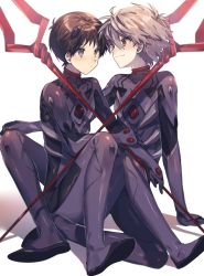 Rule 34 | 2boys, bident, black bodysuit, blue eyes, bodysuit, brown hair, closed mouth, commentary, dot mouth, evangelion: 3.0 you can (not) redo, eye contact, full body, hair between eyes, hand on own arm, hand on own knee, highres, ikari shinji, interface headset, lance of longinus (evangelion), looking at another, male focus, multiple boys, nagisa kaworu, neon genesis evangelion, pilot suit, plugsuit, polearm, rebuild of evangelion, red eyes, shiny clothes, shirasunuko, silver hair, sitting, smile, weapon, white background, yaoi