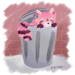 Rule 34 | animal, animal focus, blue eyes, bocchi the rock!, bocchidaily, cube hair ornament, dated, gotoh hitori, hair ornament, highres, in trash can, no humans, one side up, raccoon, solo, trash can