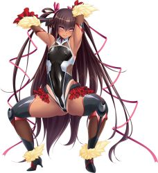 Rule 34 | 00s, 1girl, aoi nagisa (metalder), arms behind head, arms up, ass, blush, boots, breasts, brown hair, covered navel, curvy, dark-skinned female, dark skin, elbow gloves, feet, female focus, fishnets, frills, full body, game cg, gauntlets, gloves, hair ribbon, legs apart, leotard, lilith-soft, long hair, looking at viewer, mizuki yukikaze, naughty face, ninja, nipples, official art, one-piece tan, pink eyes, puffy nipples, ribbon, shiny skin, simple background, small breasts, smile, solo, squatting, taimanin (series), taimanin asagi, taimanin yukikaze, taimanin yukikaze 2, tan, tanline, thigh boots, thighhighs, very long hair, white background