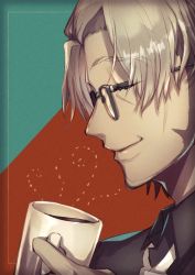 Rule 34 | 1boy, arurandeisu, asagiri0700, black shirt, close-up, coffee, collared shirt, cup, closed eyes, facial hair, from side, glasses, grey hair, highres, holding, holding cup, holostars, male focus, mug, shirt, smile, solo, stubble, virtual youtuber