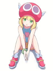 Rule 34 | 1girl, amitie (puyopuyo), blonde hair, blue shirt, blush, bracelet, green eyes, hat, highres, jazz grace, jewelry, looking at viewer, on ground, own hands together, puyopuyo, puyopuyo fever, red footwear, red hat, shirt, short hair, shorts, simple background, solo, white background, white wings, winged hat, wings
