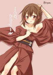 Rule 34 | 10s, 1girl, arm up, armpits, bare shoulders, blush, brown eyes, brown hair, collarbone, folded ponytail, groin, inazuma (kancolle), japanese clothes, kantai collection, kimono, kimono pull, long sleeves, looking at viewer, lying, no panties, on back, open clothes, open kimono, red kimono, sash, solo, translation request, wide sleeves, yua (checkmate), yukata
