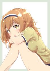 Rule 34 | 10s, 1girl, bare legs, breast press, breasts, brown eyes, hairband, hands on own knees, i-26 (kancolle), kantai collection, knees up, light brown hair, long hair, looking at viewer, medium breasts, new school swimsuit, sailor collar, school swimsuit, short sleeves, sitting, sketch, solo, swimsuit, swimsuit under clothes, tongue, tongue out, two-tone hairband, two side up, wamu (chartreuse)