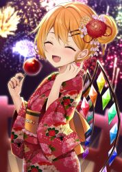 Rule 34 | 1girl, aerial fireworks, blonde hair, blush, candy apple, closed eyes, crystal, fang, fireworks, flandre scarlet, floral print, food, holding, holding food, japanese clothes, kimono, long hair, long sleeves, obi, open mouth, print kimono, red kimono, ruhika, sash, smile, solo, touhou, upper body, wide sleeves, wings