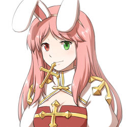 Rule 34 | 1girl, animal ears, arch bishop (ragnarok online), breasts, cleavage, cleavage cutout, closed mouth, clothing cutout, commentary request, cross, dress, fake animal ears, green eyes, heterochromia, juliet sleeves, long hair, long sleeves, looking at viewer, medium breasts, mouth hold, natsuya (kuttuki), pink hair, puffy sleeves, rabbit ears, ragnarok online, red eyes, simple background, smile, solo, two-tone dress, upper body, white background, white dress