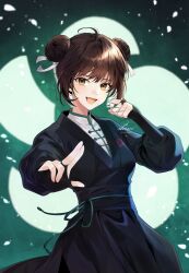 Rule 34 | 1girl, absurdres, brown eyes, brown hair, double bun, fingerless gloves, glint, gloves, hair bun, highres, korean commentary, looking at viewer, open mouth, petals, puffy sleeves, return of the mount hua sect, sash, shine s247, short hair, solo, tang soso (return of the mount hua sect)