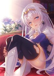 Rule 34 | 1girl, blue eyes, blush, breasts, capelet, cleavage, couch, cross, flower, hair between eyes, hair ornament, head tilt, highres, holding, holding leg, indoors, kanpani girls, kristin fee, large breasts, latin cross, light particles, long hair, looking at viewer, on couch, open mouth, sidelocks, silver hair, sitting, smile, solo, sunlight, thighhighs, tiara, yukichin