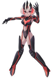 Rule 34 | 1girl, armor, black armor, black bodysuit, black footwear, black gloves, blush, bodysuit, boots, breasts, claws, clothing cutout, cross (crossryou), dark skin, dark-skinned female, dark zagi, full body, gloves, headpiece, knee pads, looking at viewer, medium breasts, armored boots, multicolored hair, navel, navel cutout, open mouth, personification, red armor, red bodysuit, red eyes, red footwear, red hair, short hair, shoulder pads, smile, solo, standing, streaked hair, thigh boots, thighhighs, two-tone hair, ultra series, ultraman nexus (series), white background, white hair
