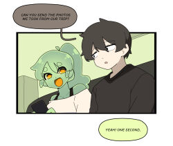 Rule 34 | 1boy, 1girl, bare shoulders, black eyes, black hair, black shirt, breasts, cellphone, colored skin, colored speech bubble, colored tongue, english text, gomulgong, green skin, holding, holding phone, indoors, looking at another, medium breasts, monster girl, open mouth, original, phone, ponytail, shirt, slime (substance), slime girl, slime girl (gomulgong), smile, speech bubble, white shirt, yellow eyes, yellow tongue