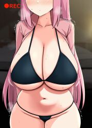 Rule 34 | 1girl, absurdres, arms behind back, bikini, black bikini, blush, bocchi the rock!, breasts, camera, collarbone, curvy, gotoh hitori, highres, huge breasts, jacket, long hair, long sleeves, motion lines, navel, pink hair, pink track suit, recording, solo, steam, stomach, swimsuit, thick thighs, thighs, tomato rice, track jacket, wide hips
