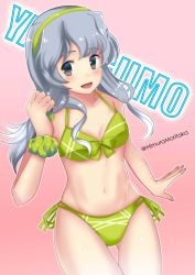 Rule 34 | 1girl, absurdres, alternate costume, bare shoulders, bikini, breasts, character name, gluteal fold, gradient background, green eyes, grey eyes, grey hair, highres, himura moritaka, kantai collection, looking at viewer, medium hair, navel, scrunchie, side-tie bikini bottom, small breasts, solo, swimsuit, thigh gap, twitter username, wrist scrunchie, yamagumo (kancolle)