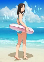 Rule 34 | 1girl, ass, azumanga daiou, barefoot, beach, blue one-piece swimsuit, blue sky, breasts, brown eyes, brown hair, casual one-piece swimsuit, character name, cloud, cumulonimbus cloud, day, english text, from behind, from side, full body, guest art, hair over shoulder, holding, holding swim ring, horizon, innertube, kasuga ayumu, looking at viewer, looking back, looking to the side, medium hair, ocean, one-piece swimsuit, outdoors, realistic, second-party source, shadow, shinchou ni kansuru kousatsu, sky, small breasts, solo, swim ring, swimsuit, walking, water