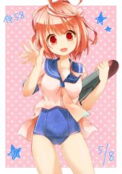 Rule 34 | 10s, 1girl, :d, character name, dated, hair ornament, i-58 (kancolle), kantai collection, momoiro, one-piece swimsuit, open mouth, pink hair, red eyes, school swimsuit, school uniform, serafuku, short hair, smile, solo, swimsuit, torpedo, type 95 torpedo
