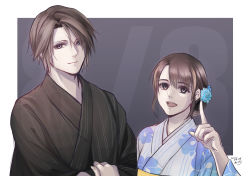Rule 34 | 1boy, 1girl, alternate costume, alternate hairstyle, black kimono, blue flower, border, brown eyes, brown hair, couple, crossed arms, final fantasy, final fantasy viii, floral print, flower, grey background, hair between eyes, hair flower, hair ornament, hand on another&#039;s arm, hiryuu (kana h), japanese clothes, kimono, long hair, open mouth, parted bangs, pointing, rinoa heartilly, scar, scar on face, short hair, sidelocks, smile, squall leonhart, teeth, upper body, upper teeth only, yukata