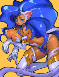 Rule 34 | 1girl, absurdres, animal ears, animal hands, ass, blue eyes, blue hair, boots, breasts, cat ears, cat girl, cat tail, covered erect nipples, dakusuta, dark-skinned female, dark skin, elbow gloves, felicia (vampire), gloves, highres, large breasts, leaning forward, long hair, tail, thigh boots, vampire (game), very long hair, white fur