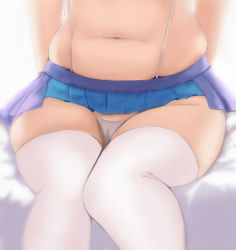 Rule 34 | 1girl, absurdres, adapted costume, arms at sides, bare arms, belly, blue skirt, cameltoe, commentary request, crop top, feet out of frame, head out of frame, highres, idolmaster, idolmaster (classic), idolmaster platinum stars, knees together feet apart, kumako (kumakonoh), microskirt, midriff, navel, panties, pantyshot, pleated skirt, plump, shijou takane, sitting, skindentation, skirt, solo, stomach, thick thighs, thighhighs, thighs, twinkle star (idolmaster), underwear, white panties, white thighhighs