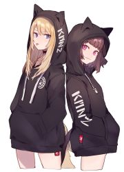 Rule 34 | 2girls, :p, animal hood, black choker, black hair, black hoodie, blonde hair, blunt bangs, cat tail, choker, closed mouth, clothes writing, cropped legs, drawstring, fox tail, hands in pockets, head tilt, hood, hoodie, kmnz, long hair, looking at viewer, matching outfits, mc lita, mc liz, multiple girls, pink eyes, purple eyes, short hair, shugao, side-by-side, sidelocks, simple background, smile, tail, tongue, tongue out, v-shaped eyebrows, virtual youtuber, white background