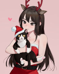 Rule 34 | 1girl, animal ears, antlers, bare shoulders, biting, breasts, cat, cleavage, commentary, dongho kang, dress, ear biting, fur-trimmed dress, fur trim, hat, highres, horns, large breasts, long hair, looking at viewer, open mouth, original, red dress, santa costume, santa dress, santa hat, simple background, smile, solo