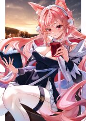 Rule 34 | 1girl, absurdres, animal ears, arknights, book, braid, breasts, chen ying (alan-yut), cleavage, cup, highres, large breasts, long hair, medium breasts, mug, open book, pink eyes, pink hair, pom pom (clothes), pozyomka (arknights), pozyomka (snowy plains in words) (arknights), smile, solo, tail, twilight, wolf ears, wolf tail