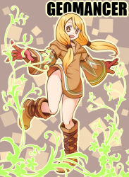 Rule 34 | 1girl, blonde hair, boots, breasts, commentary request, dress, final fantasy, final fantasy tactics, geomancer (fft), gloves, groin, long hair, looking at viewer, no panties, open mouth, qontamblue, smile, solo, twintails