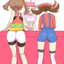 Rule 34 | 3girls, ass, brown hair, closed mouth, creatures (company), from behind, game freak, hairband, hat, highres, in-franchise crossover, joy (pokemon), lyra (pokemon), may (pokemon), microsd (pibo), multiple girls, nintendo, nurse, nurse cap, pink hair, pokemon, pokemon (anime), pokemon (classic anime), pokemon center, pokemon hgss, pokemon oras, smile