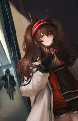 1girl 1other absurdres akana93 angelina_(arknights) animal_ears arknights black_coat black_gloves black_shorts blush brown_hair closed_mouth coat commentary_request crossed_bangs doctor_(arknights) gift gloves hair_between_eyes hairband highres holding holding_gift hood hood_up hooded_coat long_hair long_sleeves nervous_sweating open_clothes open_coat orange_eyes partial_commentary red_hairband shorts standing sweat sweatdrop twintails valentine walking white_coat