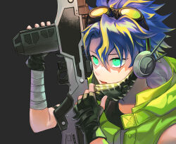 Rule 34 | 1boy, adjusting mask, astel leda, bandaged arm, bandages, black background, blonde hair, blue hair, commentary request, fingerless gloves, gloves, glowing, glowing eyes, goggles, goggles on head, green eyes, green jacket, gun, hair between eyes, headset, highres, holding, holding gun, holding weapon, holostars, hood, hooded jacket, isal (lasi), jacket, looking ahead, male focus, multicolored hair, parted lips, partially shaded face, portrait, serious, short hair, sleeveless, sleeveless jacket, solo, streaked hair, virtual youtuber, weapon