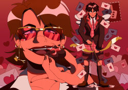 Rule 34 | 2boys, absurdres, alternate costume, arrow (projectile), arrow earrings, black eyes, black hair, black jacket, black socks, blazer, bow (weapon), brown footwear, brown hair, closed mouth, commentary, earrings, english commentary, facial scar, frown, full body, gold earrings, heart, heart arrow, highres, holding, holding bow (weapon), holding weapon, hyoudou kazuya, itou kaiji, jacket, jewelry, kaiji, letter, lipstick, loafers, long hair, looking at viewer, love letter, makeup, male focus, medium bangs, multiple boys, necktie, ollie bats, open mouth, over-rim eyewear, plaid, plaid necktie, plaid shorts, purple eyes, red-tinted eyewear, red necktie, red shorts, red theme, scar, scar on cheek, scar on face, semi-rimless eyewear, shoes, shorts, smile, socks, standing, sunglasses, tinted eyewear, upper body, valentine, weapon, yellow-framed eyewear