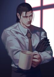 Rule 34 | 1boy, 9gu 84, absurdres, black gloves, black hair, closed mouth, cowboy shot, crossed arms, cup, gloves, highres, holding, holding cup, long hair, looking at viewer, loose hair strand, male focus, mature male, necktie, ponytail, red necktie, scar, scar on chin, scar on face, scar on mouth, scar on nose, sergei dragunov, shirt, single glove, smile, solo, tekken, white shirt