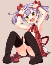 Rule 34 | 1girl, :d, armpits, arms up, black panties, black thighhighs, blush, boots, borrowed character, child, clubs, crab, double v, fang, green eyes, heterochromia, highres, kanimusume (kani biimu), muku (muku-coffee), open mouth, original, panties, purple hair, simple background, sitting, smile, solo, thigh boots, thighhighs, twintails, underwear, v, yellow eyes