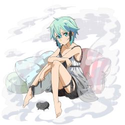 Rule 34 | 1girl, ankle ribbon, barefoot, black ribbon, black shorts, blue eyes, blue hair, breasts, cleavage, closed mouth, collarbone, dress, full body, gradient dress, grey dress, grey ribbon, hair between eyes, hair ribbon, highres, leg ribbon, official art, pillow, ribbon, short dress, short hair, short shorts, shorts, sideboob, sinon, sitting, sleeveless, sleeveless dress, small breasts, solo, sparkle, sword art online, thigh ribbon, transparent background, white dress