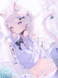 Rule 34 | 1girl, animal ear fluff, animal ears, arms up, bandaid, bandaid on tail, blue eyes, blue sweater, blush, bow, braid, cat ears, cat girl, cat tail, collar, from side, hair bow, hair ornament, hairclip, heart, heart hair ornament, highres, long hair, looking at viewer, mnimni, nail polish, navel, no pants, off shoulder, original, own hands together, panties, ribbon, sleeves past wrists, solo, sweater, tail, tail ornament, underwear, upper body, white hair, white panties