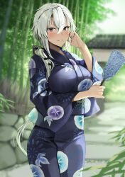 Rule 34 | 1girl, absurdres, adjusting hair, alternate costume, bamboo, black nails, blue kimono, blurry, blurry background, breasts, commentary request, dark-skinned female, dark skin, floral print, glasses, hair between eyes, hand fan, highres, holding, holding fan, japanese clothes, kantai collection, kimono, large breasts, looking at viewer, low twintails, musashi (kancolle), outdoors, paifang, parted lips, print kimono, smile, solo, twintails, wide sleeves, yunamaro