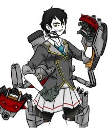 Rule 34 | 10s, 1girl, abyssal ship, bike shorts, bike shorts under skirt, black hair, cannon, choker, colored skin, fang, female focus, gloves, iron knuckle, kantai collection, light persona, looking at viewer, mechanical arms, ri-class heavy cruiser, school uniform, shishitou (tougarashikarai), short hair, shorts, shorts under skirt, simple background, single mechanical arm, skirt, sleeves rolled up, smirk, solo, weapon, white skin, yellow eyes