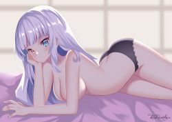 Rule 34 | 1girl, ass, black panties, blue eyes, blush, breasts, butt crack, collarbone, curvy, hand on own cheek, hand on own face, heterochromia, highres, kagura gumi, kagura mea, long hair, looking at viewer, lying, medium breasts, panties, silver hair, smile, solo, the des alizes, topless, underwear, very long hair, virtual youtuber, yellow eyes