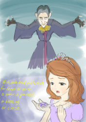 Rule 34 | 1boy, 1girl, age difference, cedric (disney), cedric (sofia the first), child, english text, fingerless gloves, gloves, jewelry, lavender dress, multicolored hair, old, old man, pendant, pointy nose, princess, sofia (disney), sofia the first, swept bangs, tiara, two-tone hair