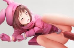 Rule 34 | 1girl, blush, bottomless, brown hair, censored, disembodied penis, ginhaha, gloves, hat, heart, heart-shaped pupils, hood, hoodie, llenn (sao), long sleeves, lying, mosaic censoring, on side, one eye closed, open mouth, penis, pink eyes, pink gloves, pink headwear, pussy, pussy juice, saliva, sex, simple background, solo focus, sword art online, sword art online alternative: gun gale online, symbol-shaped pupils, teeth, vaginal