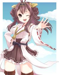 Rule 34 | 10s, 1girl, ;d, bare shoulders, black thighhighs, blue sky, blush, boots, breasts, brown eyes, brown hair, cloud, day, detached sleeves, double bun, frilled skirt, frills, hair bun, hair ornament, hairband, headgear, hiyosuke (ak love), japanese clothes, kantai collection, kongou (kancolle), long hair, medium breasts, nontraditional miko, one eye closed, open mouth, personification, ribbon-trimmed sleeves, ribbon trim, skirt, sky, smile, solo, thigh boots, thighhighs, wink