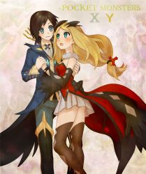 Rule 34 | 1boy, 1girl, blonde hair, blue eyes, blush, brown hair, calem (pokemon), copyright name, cosplay, couple, creatures (company), detached sleeves, eye contact, game freak, gen 6 pokemon, hair ornament, hetero, holding hands, legendary pokemon, long coat, long hair, looking at another, low-tied long hair, nintendo, pleated skirt, pokemon, pokemon xy, serena (pokemon), shiroiponzu, skirt, smile, ss (ssj2822533), thighhighs, xerneas, xerneas (cosplay), yveltal, yveltal (cosplay), zettai ryouiki