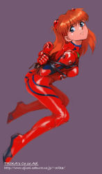 Rule 34 | 1girl, arms behind back, ass, bdsm, blue eyes, bodysuit, bondage, bound, bound arms, bracer, clenched hands, from side, frown, full body, gloves, grey background, hair ornament, kneeling, leaning forward, long hair, looking back, looking to the side, neon genesis evangelion, orange hair, pilot suit, plugsuit, red hair, shibata masahiro, shiny clothes, simple background, solo, souryuu asuka langley, twintails, watermark, web address